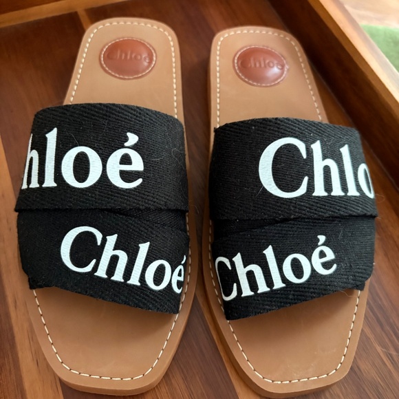 Chloe Woody Flat Logo Ribbon Slide Sandals - Picture 1 of 10